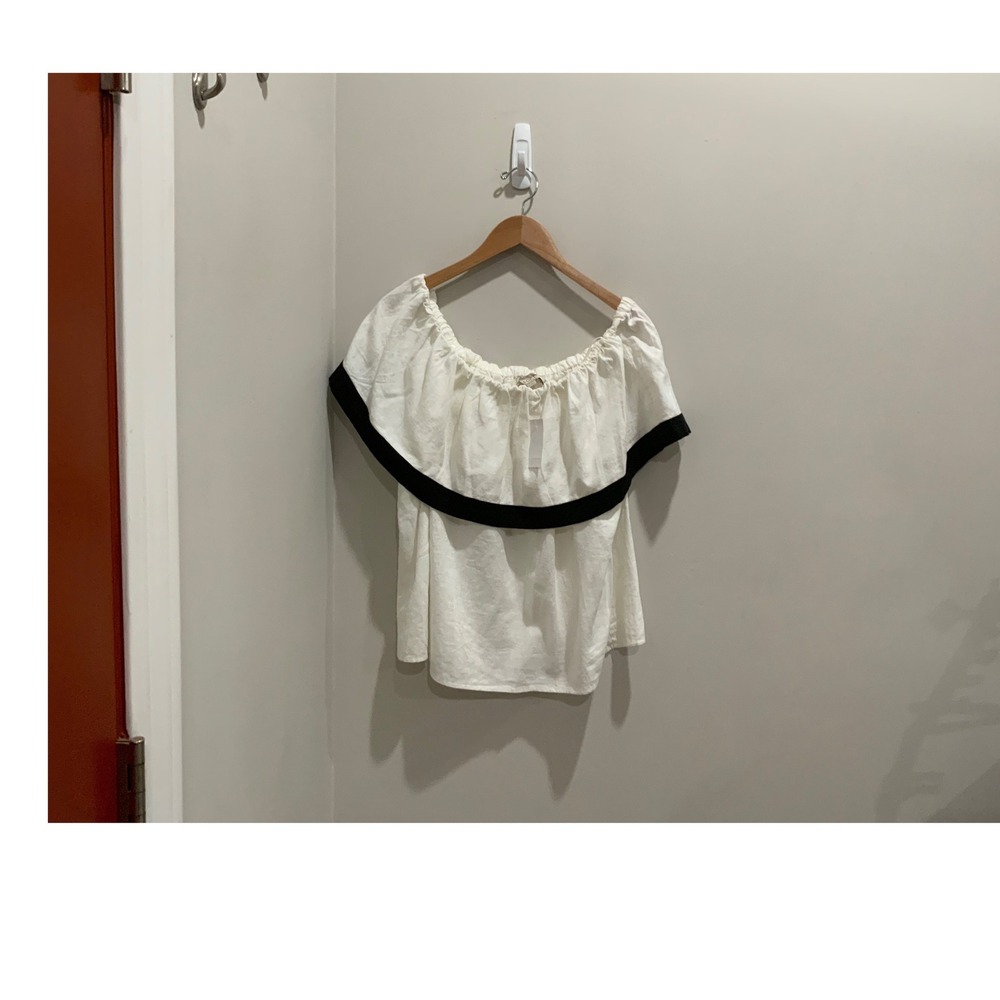 LOFT White Linen Blend Off The Shoulder Ruffle Top XXL NWT Black Trim